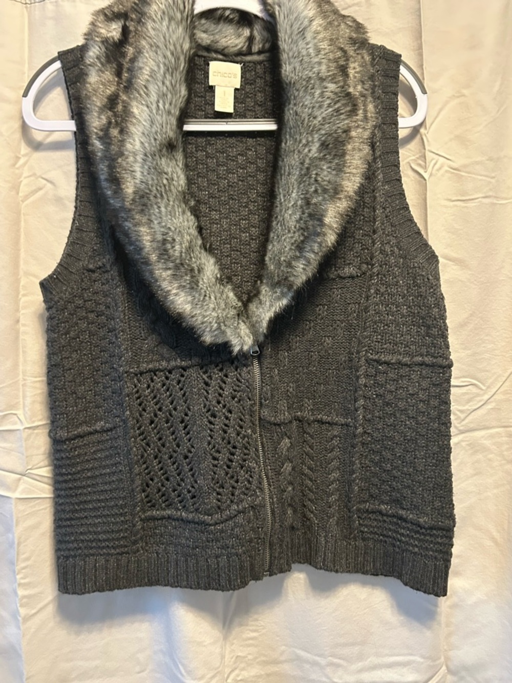 Chico's Charcoal Gray Knit Vest with Faux-Fur Shawl Collar